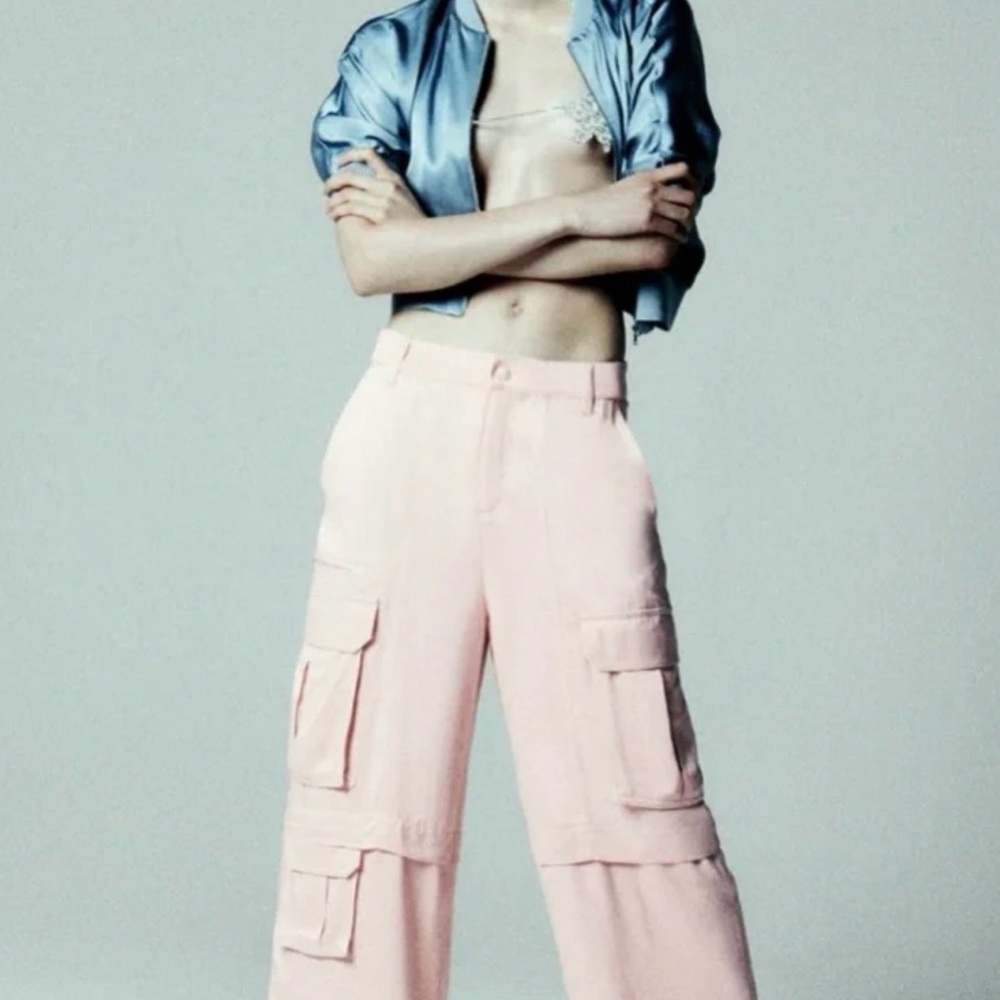 BNWT Zara Sating Effect Cargo Pants (Pale Pink) size XS